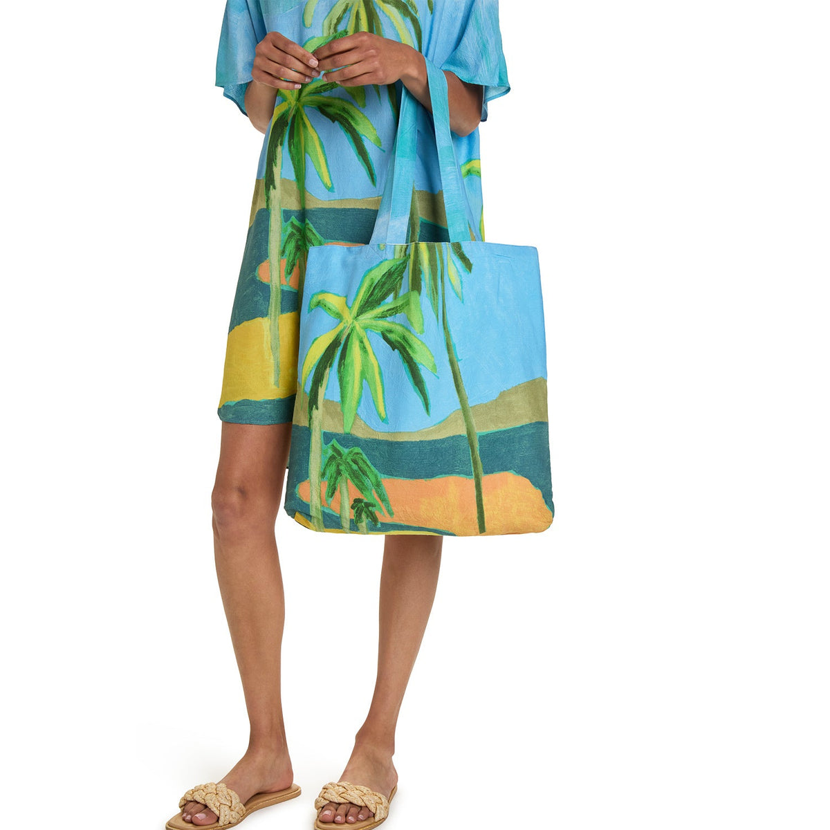 Cotton farmers' market tote bag with colorful Costa Del Sol design, featuring sturdy handles and spacious interior for shopping.