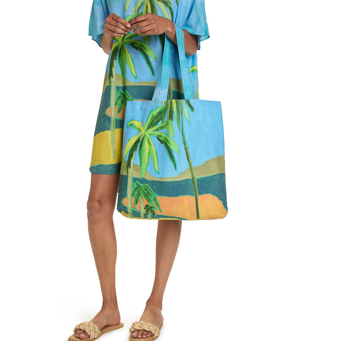 Cotton farmers' market tote bag with colorful Costa Del Sol design, featuring sturdy handles and spacious interior for shopping.