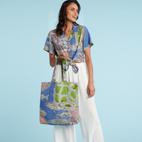 Farmers' Market bag with colorful fishing float designs, eco-friendly tote made of durable material for shopping and carrying essentials.