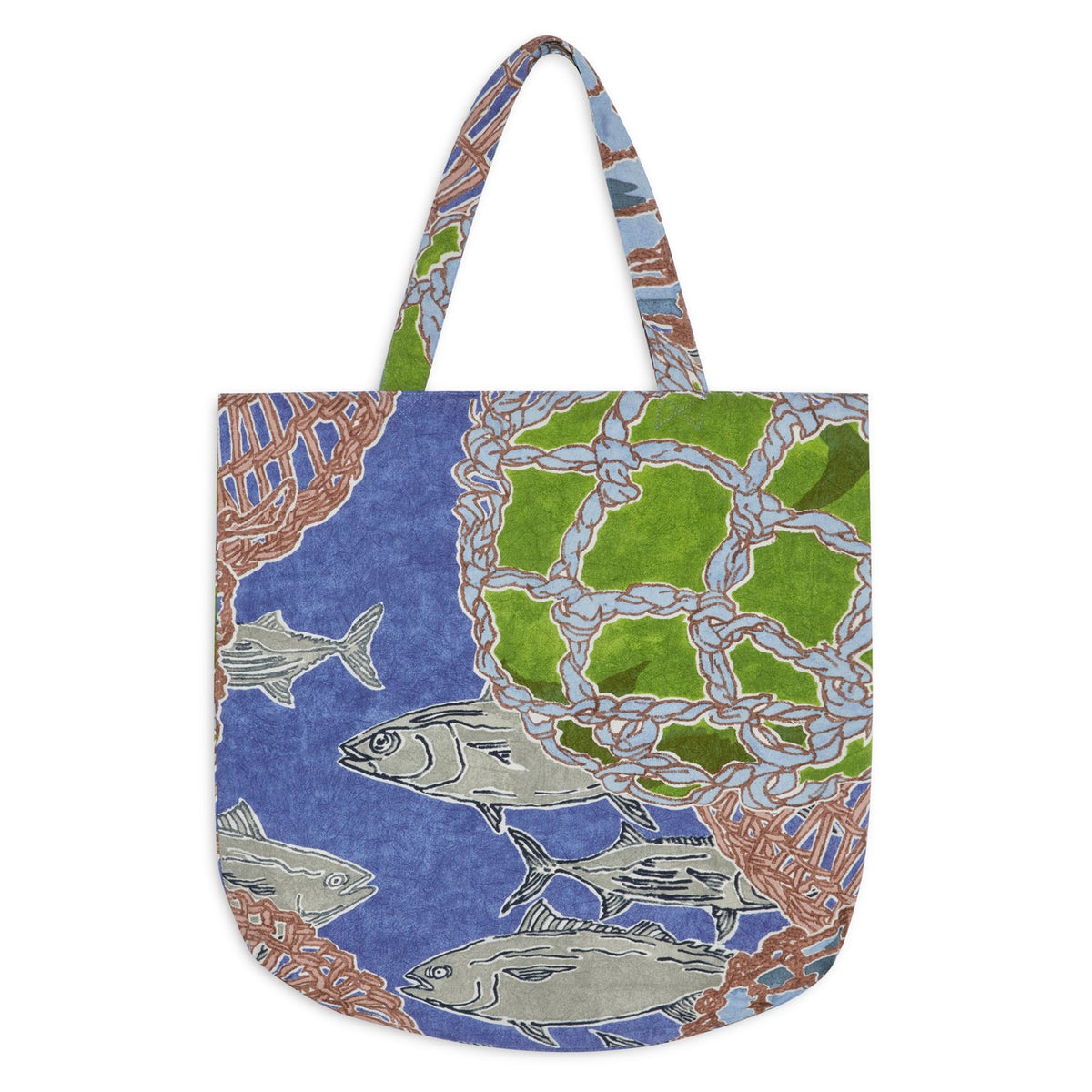 Farmers' Market Bag with colorful fishing float decorations, eco-friendly tote for groceries and market shopping.