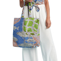 Farmers' Market tote bag with decorative fishing float accents, made by jamsworld.com, showcasing a casual, eco-friendly shopping accessory.