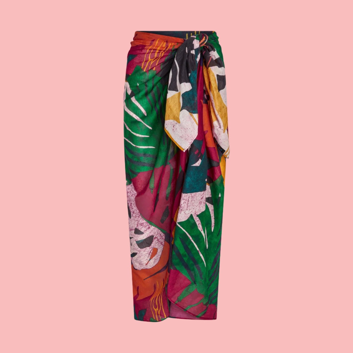 Colorful Fern Grotto Pareo from Jamsworld displayed on a model, showcasing vibrant tropical print and lightweight fabric.