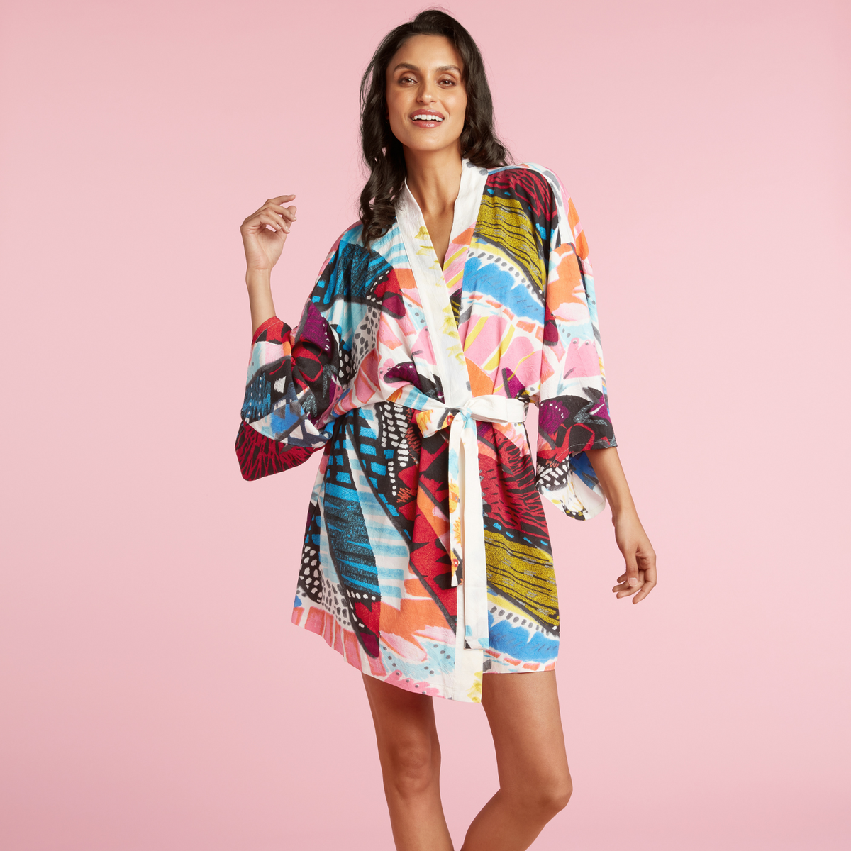 Short kimono robe from Cliche by jamsworld.com, featuring a stylish cover-up design with a relaxed fit and lightweight fabric.