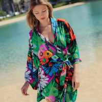 Women's short kimono robe with floral print, flower vibes design, lightweight cover-up perfect for lounging or beachwear.