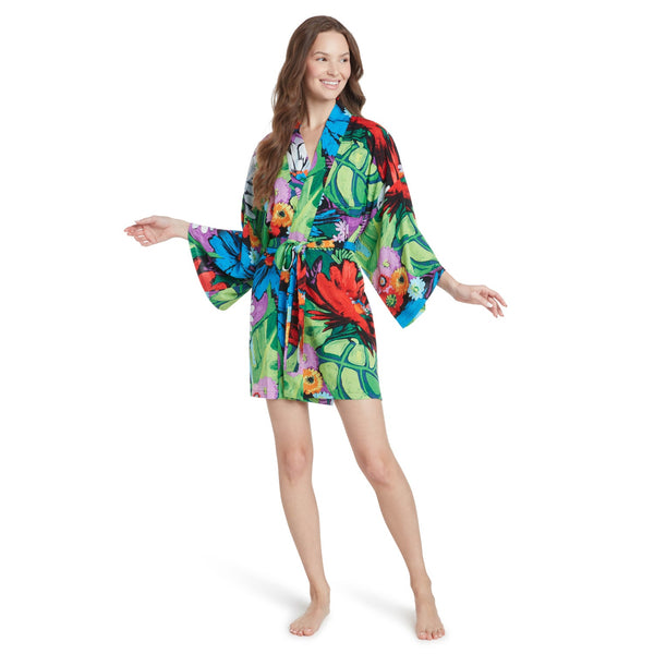 Short kimono robe from Jamsworld Flower Vibes collection, featuring vibrant floral patterns and lightweight cover-up fabric.