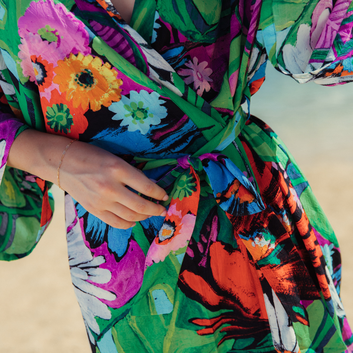 Women's short kimono robe with colorful flower pattern, lightweight cover-up perfect for casual or lounge wear.