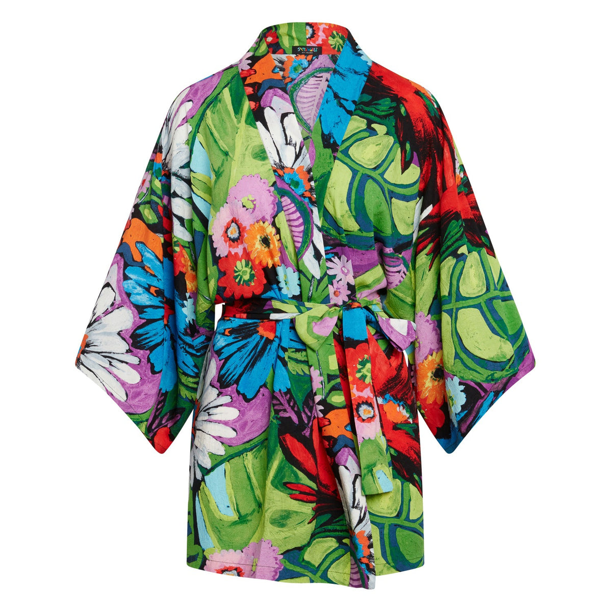 Short kimono robe with floral pattern, women's cover-up by jamsworld.com featuring vibrant flower designs.