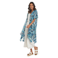 Rainbow runner denim kimono jacket, women's cover-up by jamsworld.com, featuring vibrant rainbow patterns and relaxed fit.