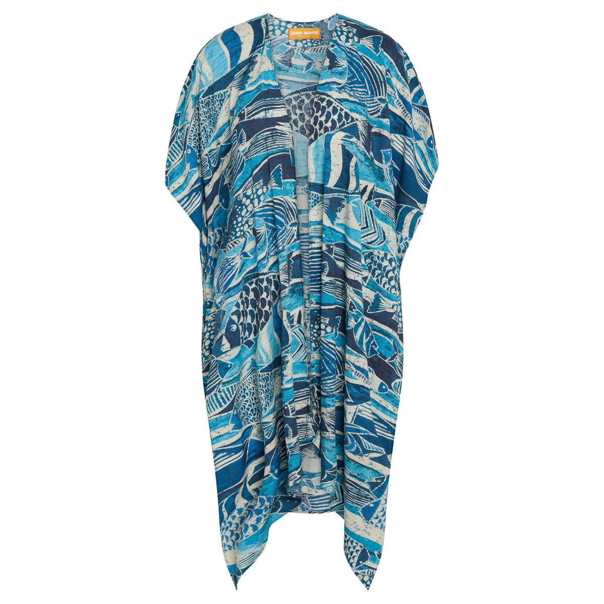 Rainbow Runner denim kimono jacket for women, stylish cover-up with colorful pattern and relaxed fit, by jamsworld.com