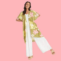Olive green kimono jacket for women from Jamsworld, featuring a relaxed cover-up style with wide sleeves and lightweight fabric.