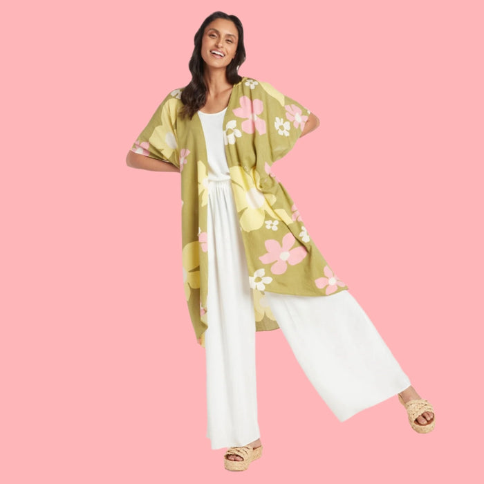 Olive green kimono jacket for women from Jamsworld, featuring a relaxed cover-up style with wide sleeves and lightweight fabric.