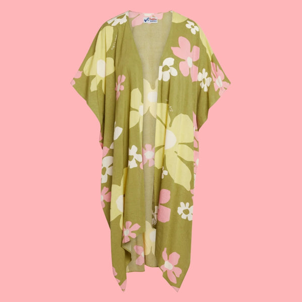 Women’s Tradewinds Olive Kimono Jacket from Jamsworld, olive green cover-up with a relaxed fit and flowing fabric.