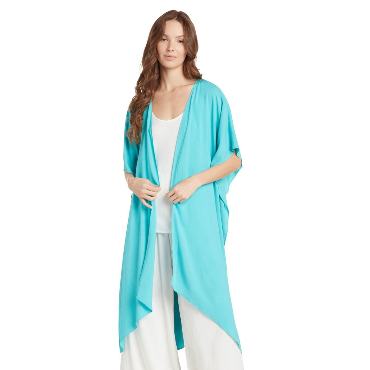 Solid ocean-colored kimono jacket by Jamsworld, women's cover-up with a relaxed fit and lightweight fabric.