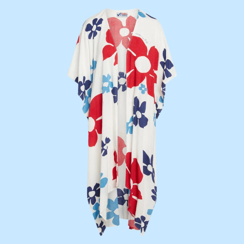 Women's kimono jacket from Tradewinds USA featuring a flowing fabric and open front design, stylish top for casual wear.