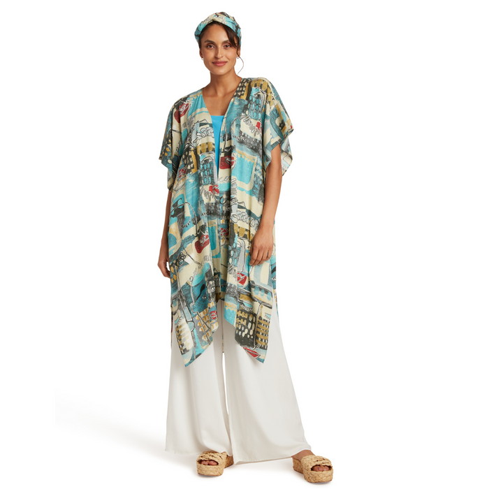 Women's turquoise kimono jacket from Jamsworld, featuring a vibrant, flowing design and relaxed fit for stylish comfort.