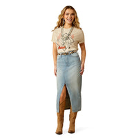 Ariat Women's Desert Bronc short-sleeve shirt with western style, beige fabric, and button-up front, perfect for farm and ranch wear.
