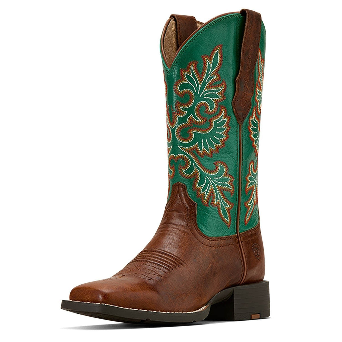 Ariat Women's Round Up Western Boot with wide square toe and StretchFit design, featuring classic cowboy boot style and brown leather finish.