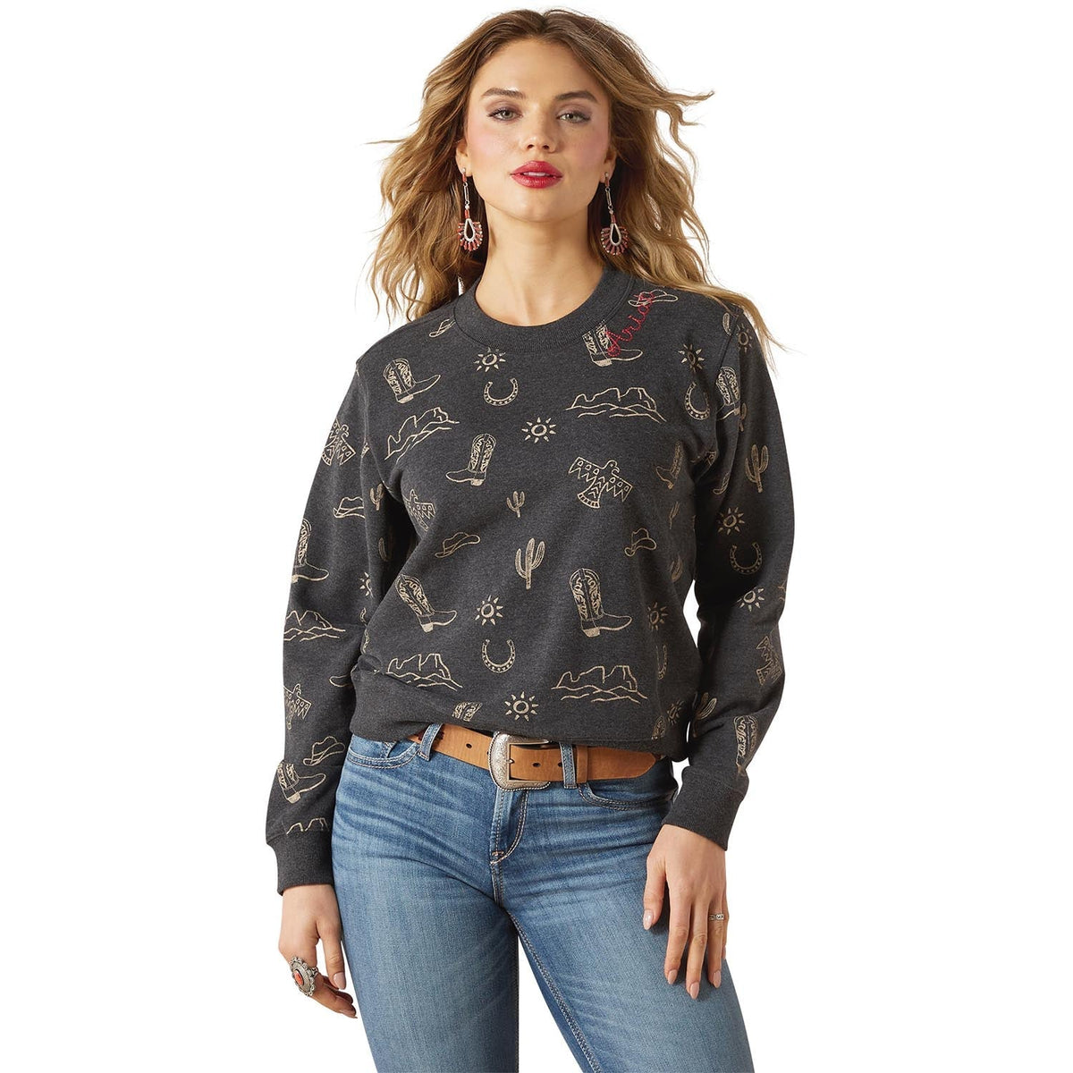Ariat women's Essential Crew Sweatshirt in heather gray, made of soft fabric, featuring a classic crewneck design and ribbed cuffs.