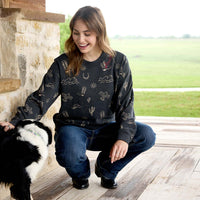 Ariat women's Essential Crew Sweatshirt in heather gray, casual fit, with ribbed cuffs and neckline, made from soft, comfortable fabric.