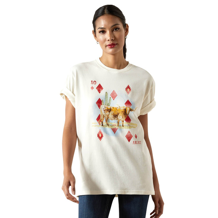 Ariat women's ranch graphic T-shirt with western-inspired design, casual fit, and soft fabric, suitable for everyday wear.