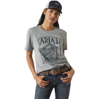 Ariat Women's Ranch Graphic T-Shirt featuring a colorful western-themed design, casual fit, and soft cotton fabric.