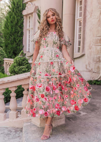 Cream floral midi rose dress by JessaKae featuring a fitted bodice and flowy skirt, perfect for elegant occasions.