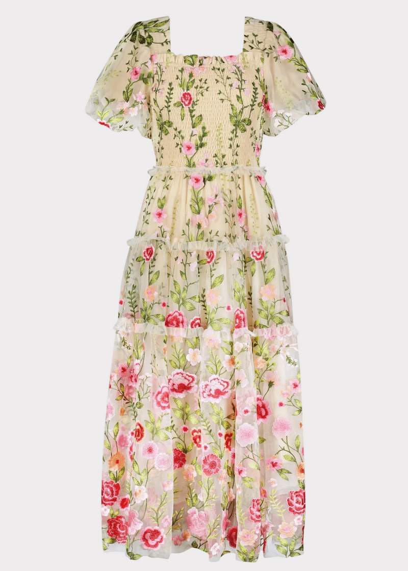 Cream floral midi rose dress by JessaKae, featuring a fitted waist and elegant flowy fabric, perfect for summer occasions.