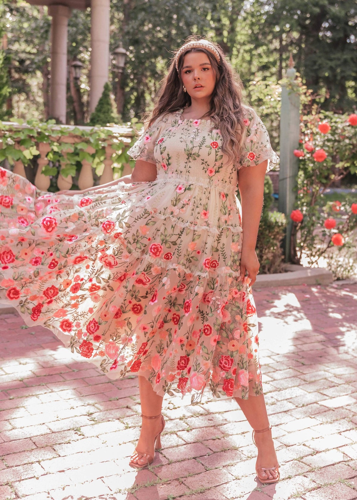 Cream floral midi rose dress by JessaKae featuring a fitted bodice and flowy skirt, perfect for elegant occasions.