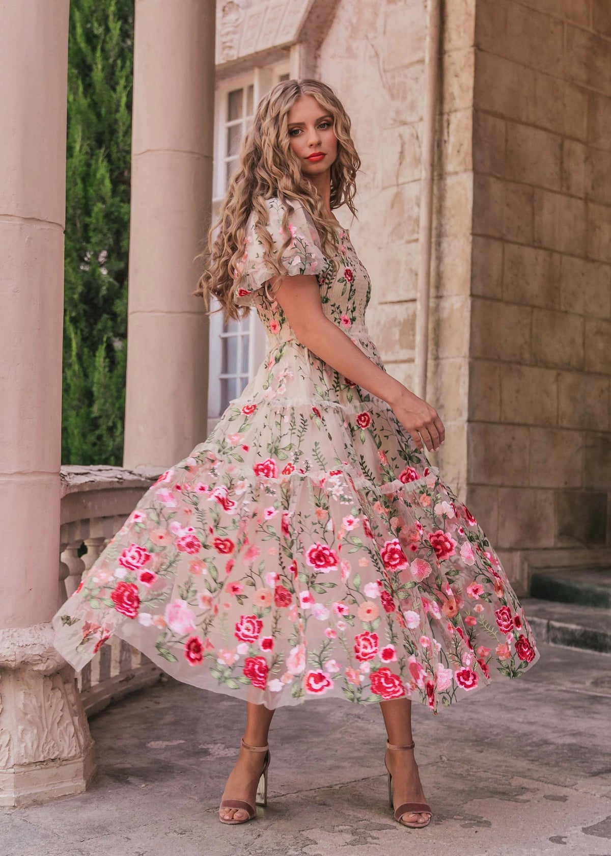 Cream floral midi rose dress by JessaKae, featuring a flowy silhouette and delicate rose print.