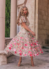 Cream floral midi rose dress by JessaKae, featuring a flowy silhouette and delicate rose print.