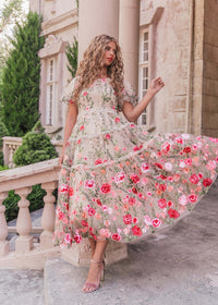 Cream floral midi rose dress by JessaKae featuring a fitted bodice and flowing skirt, perfect for elegant occasions.