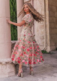 Cream floral midi dress by JessaKae featuring a feminine rose pattern, perfect for casual or semi-formal occasions.