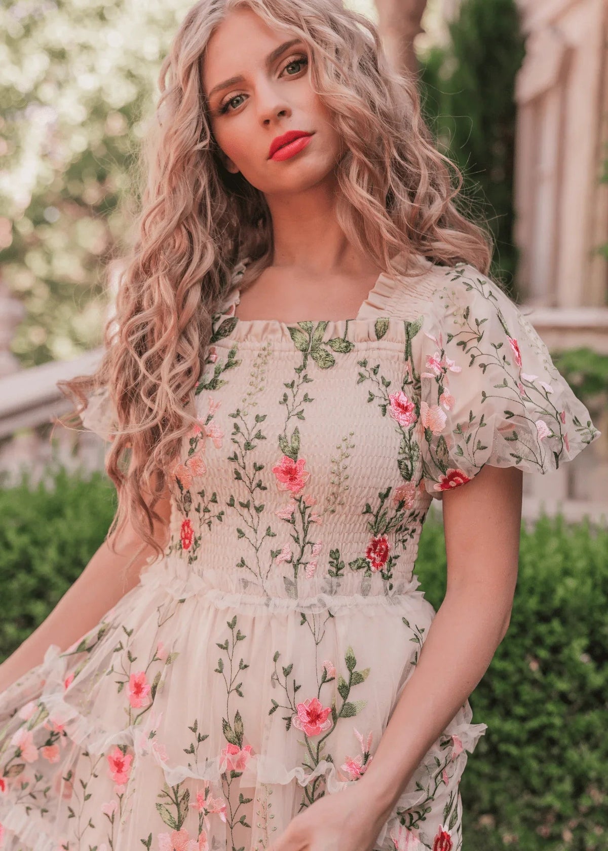 Cream floral midi dress by JessaKae featuring a rose pattern, with a fitted bodice and flowing skirt.