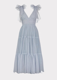 Dusty blue Jeanne Dress by JessaKae featuring a flowy silhouette, short sleeves, and elegant design for stylish occasions.