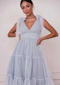 Dusty blue Jeanne Dress by JessaKae featuring a flowy silhouette and elegant design, perfect for casual or semi-formal occasions.