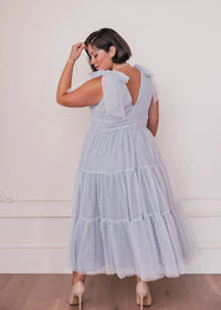 Dusty blue Jeanne Dress by JessaKae, featuring a flowing silhouette and elegant design, perfect for casual or semi-formal occasions.