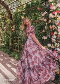 Lavender Cordelia Dress by JessaKae, featuring a flowy silhouette and floral rose pattern, shown in size XXS.