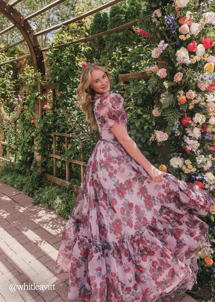 Lavender Cordelia Dress by JessaKae, featuring a flowy silhouette and floral rose pattern, shown in size XXS.