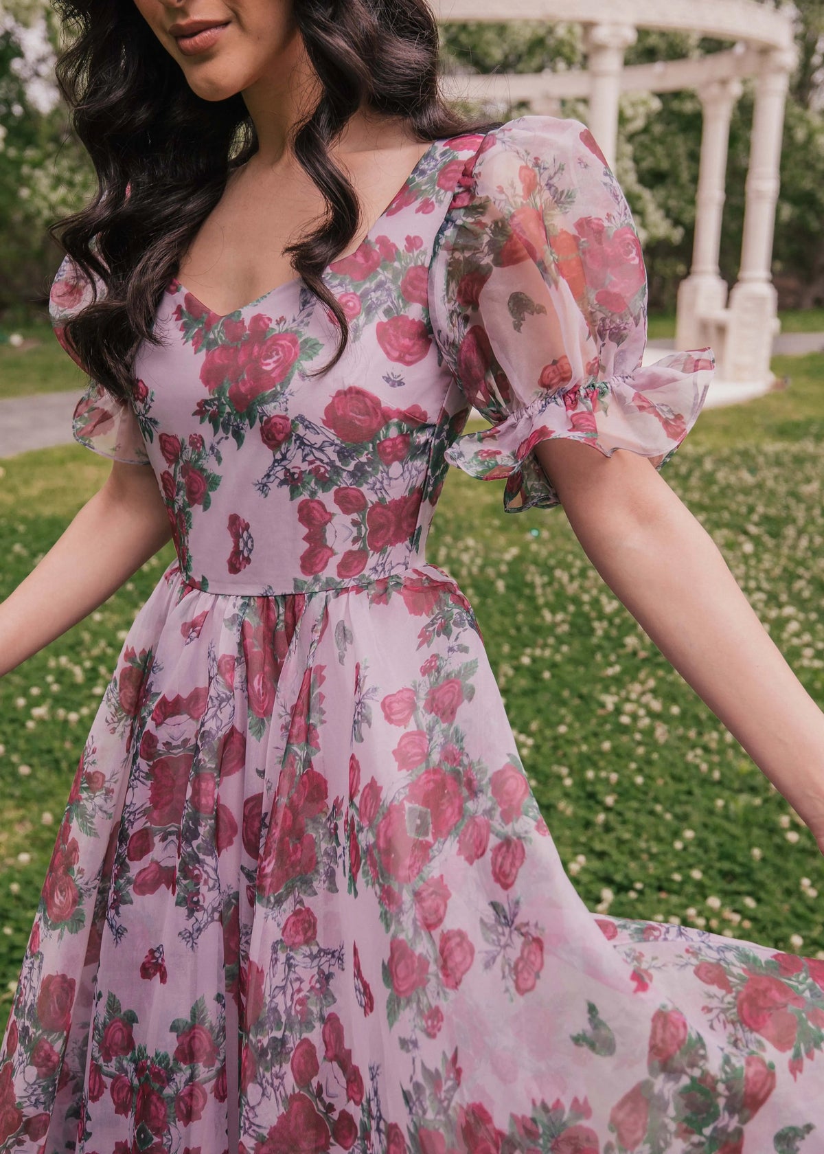 Lavender Cordelia Dress by JessaKae, featuring a flowy design with rose pattern and fitted silhouette, shown in size XXS.