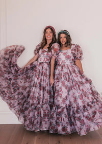Lavender Cordelia Dress by JessaKae featuring a flowy silhouette and floral rose print, shown in size XXS.