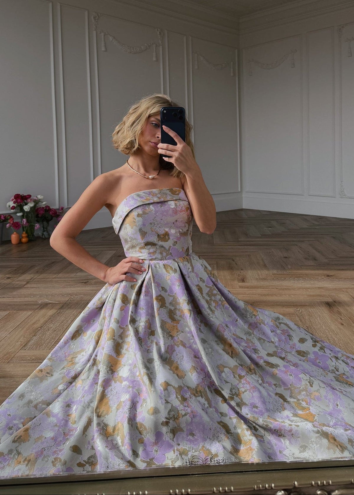Lilac Anastelle strapless jacquard dress by JessaKae, featuring intricate woven patterns and elegant design.