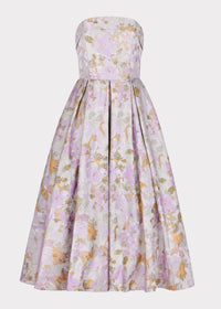 Lilac Anastelle strapless jacquard dress by JessaKae, featuring intricate woven pattern and elegant fit, perfect for formal occasions.