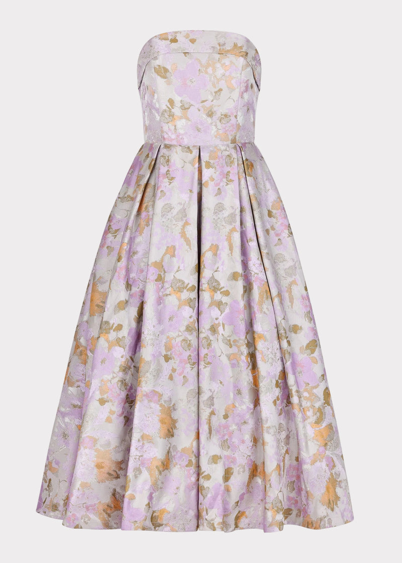 Lilac Anastelle strapless jacquard dress by JessaKae, featuring intricate woven pattern and elegant fit, perfect for formal occasions.