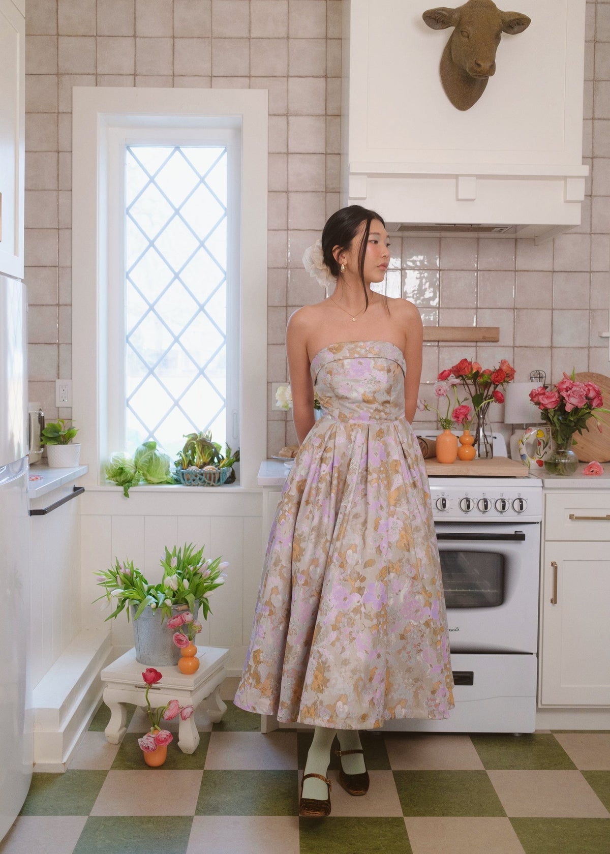 JessaKae Anastelle strapless jacquard dress in lilac, featuring a fitted bodice and elegant design for formal occasions.