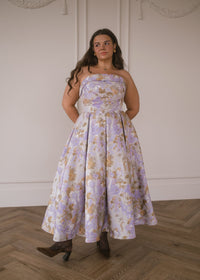 Lilac Anastelle strapless jacquard dress by JessaKae, featuring a fitted bodice and elegant floral pattern, perfect for formal occasions.