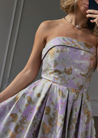 JessaKae Anastelle strapless jacquard dress in lilac, featuring a fitted bodice and elegant design for special occasions.