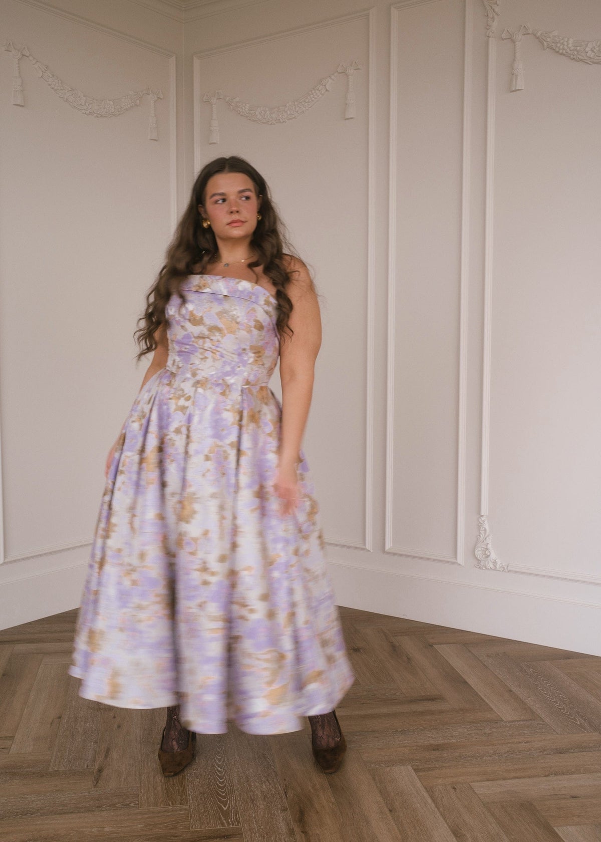 Lilac Anastelle strapless jacquard dress by JessaKae, featuring a fitted bodice and elegant, textured fabric for formal occasions.