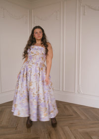 Lilac Anastelle strapless jacquard dress by JessaKae, featuring a fitted bodice and elegant, textured fabric for formal occasions.