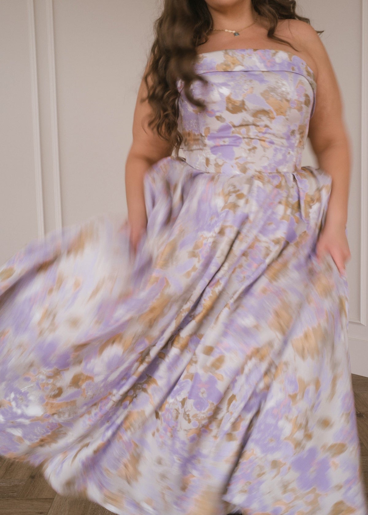 Lilac Anastelle strapless jacquard dress by JessaKae, featuring intricate woven fabric and a fitted, elegant silhouette.