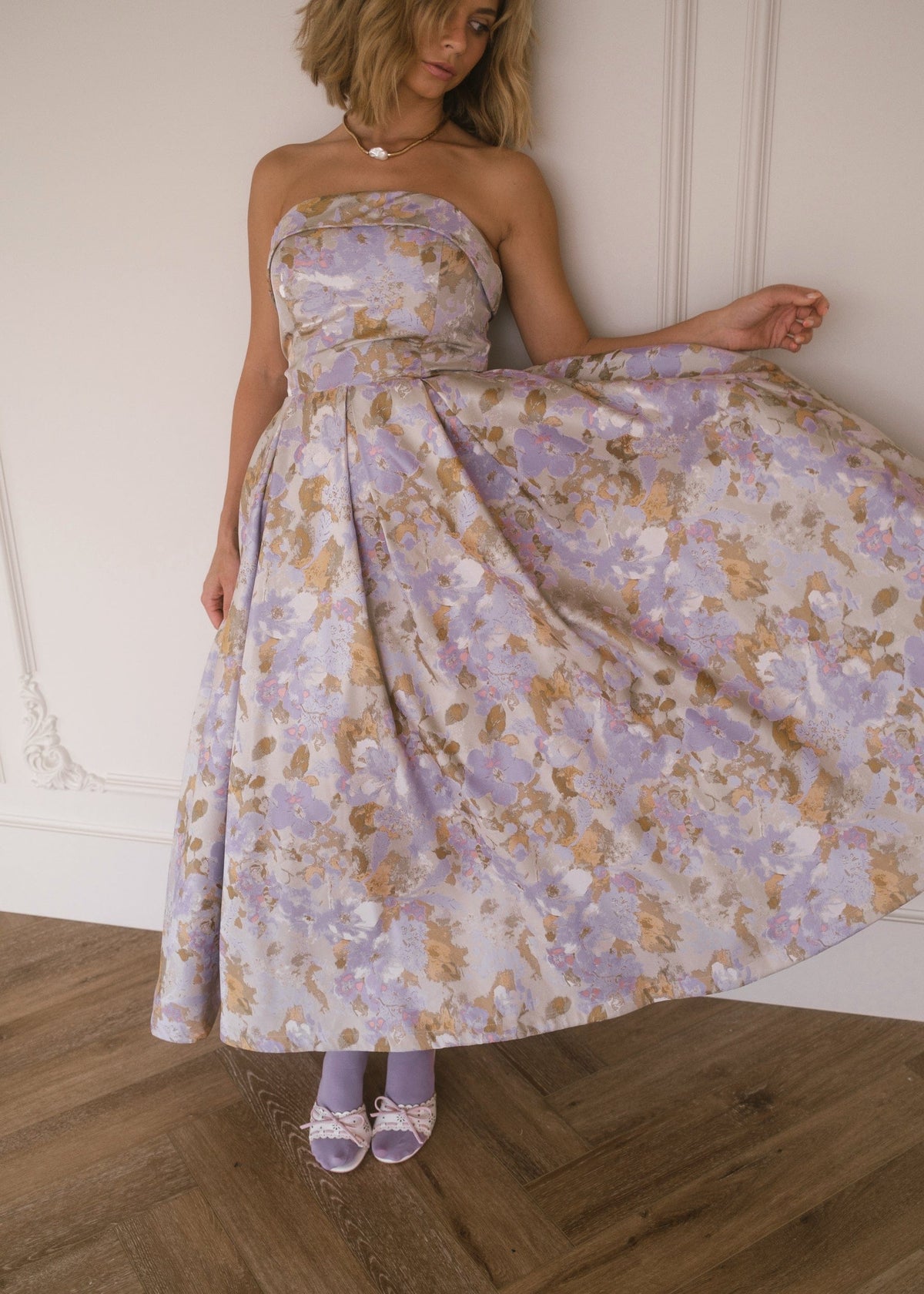 Lilac Anastelle strapless jacquard dress by JessaKae, featuring intricate woven patterns and a fitted silhouette.